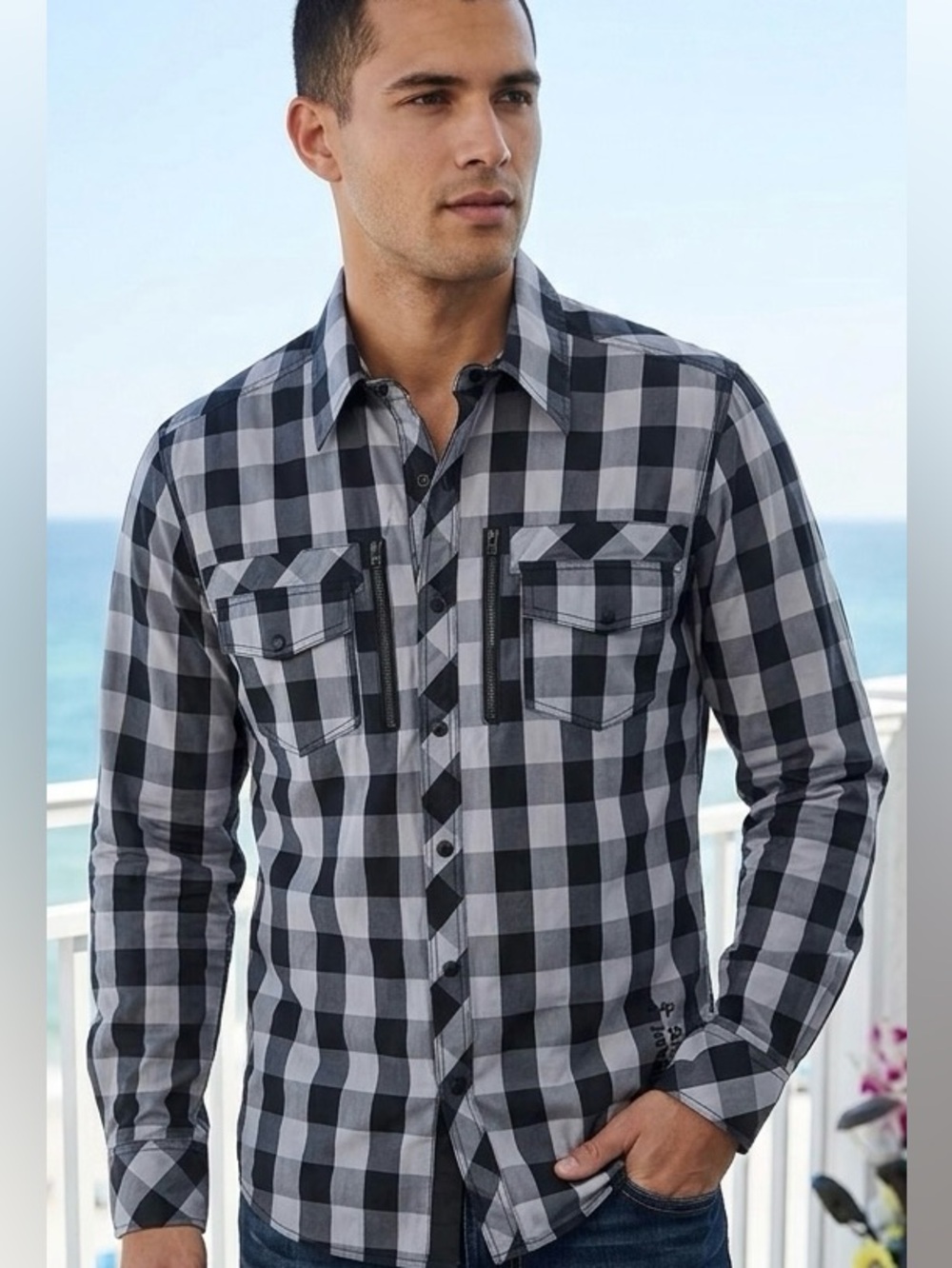 7 Diamonds fashion forward Men's Black and Gray Checkered Shirt